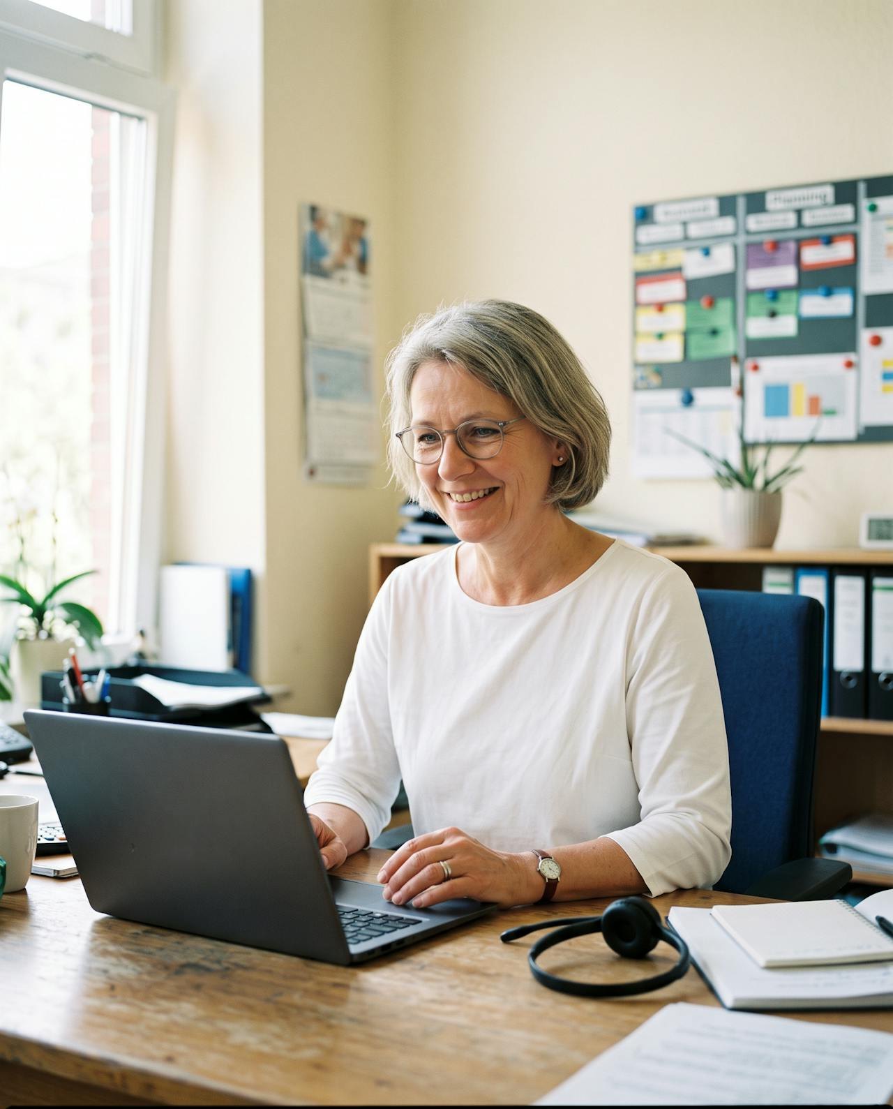 Pflegedienstleiterin prüft eine neue Anfrage am Laptop